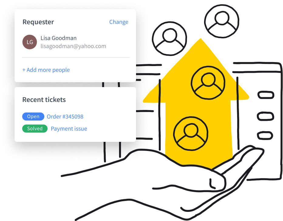 HelpDesk customer details combined with an illustration of a hand and arrow among user avatars