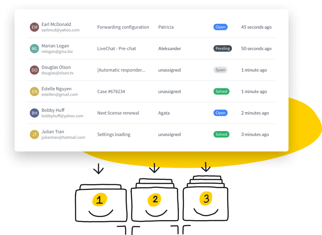 HelpDesk tickets view with an illustraton showing 3 folders