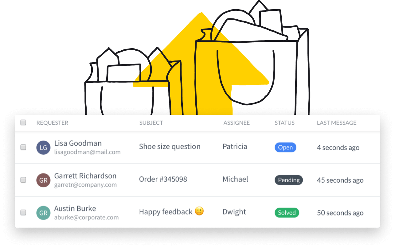 HelpDesk tickets view combined with an illustration of two shopping bags