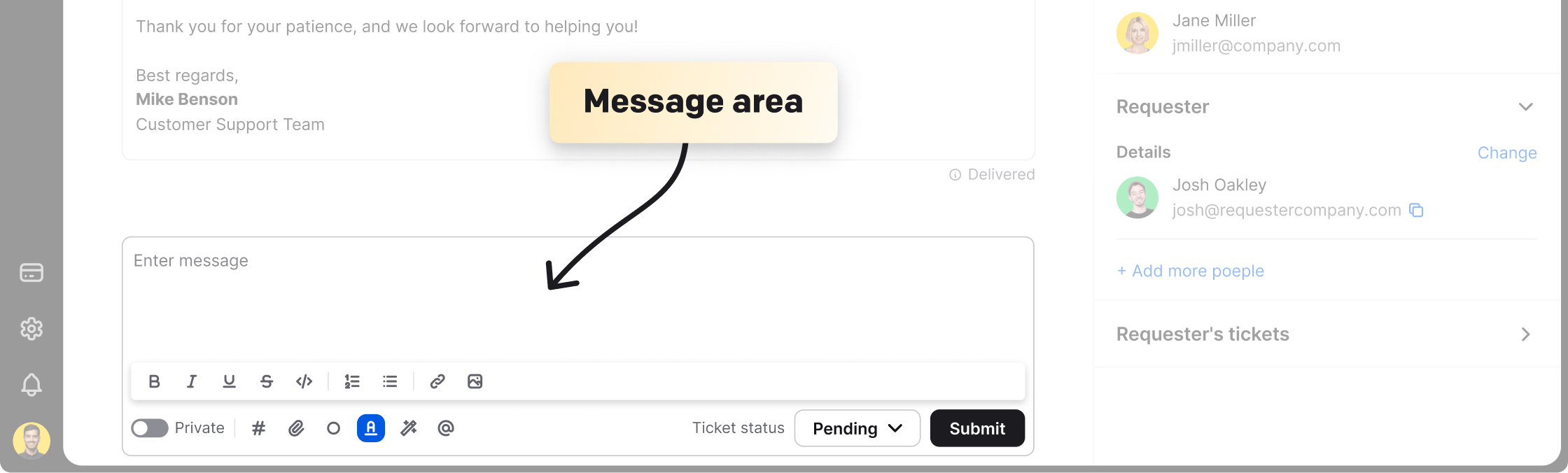 Message area in HelpDesk app
