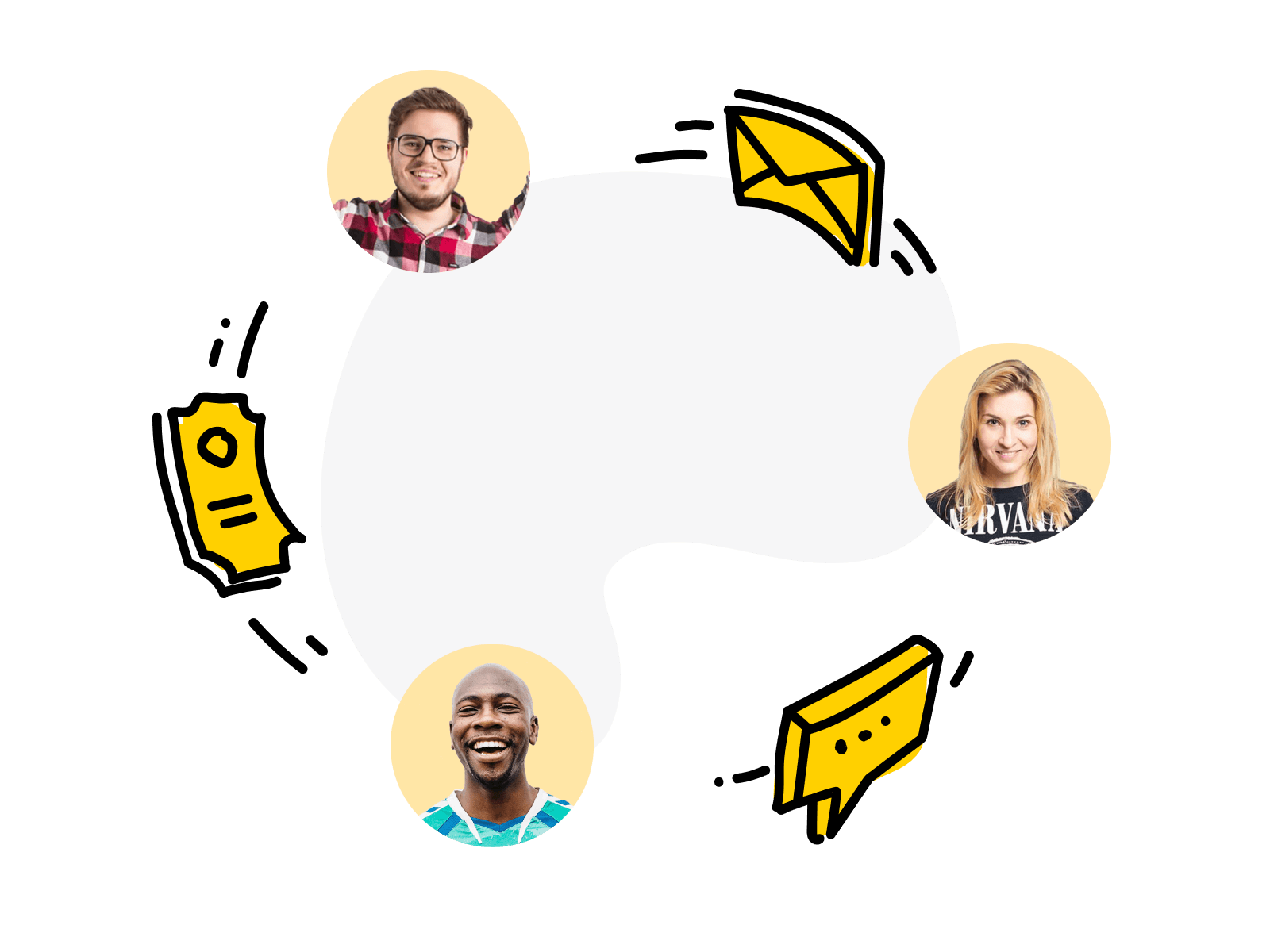 Envelope, ticket, chat bubble, and agent avatars arranged in a circle.